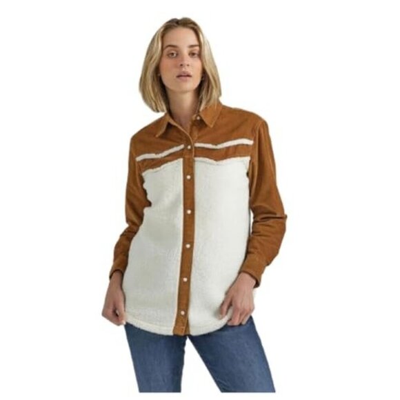 Wrangler Retro Women's Long Sleeve Sherpa Snap Shacket Shirt Jacket White/Brown - Picture 1 of 4